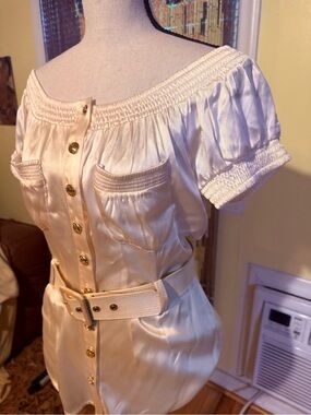 bebe Cream Satin Off-Shoulder Button Front Top with Belt